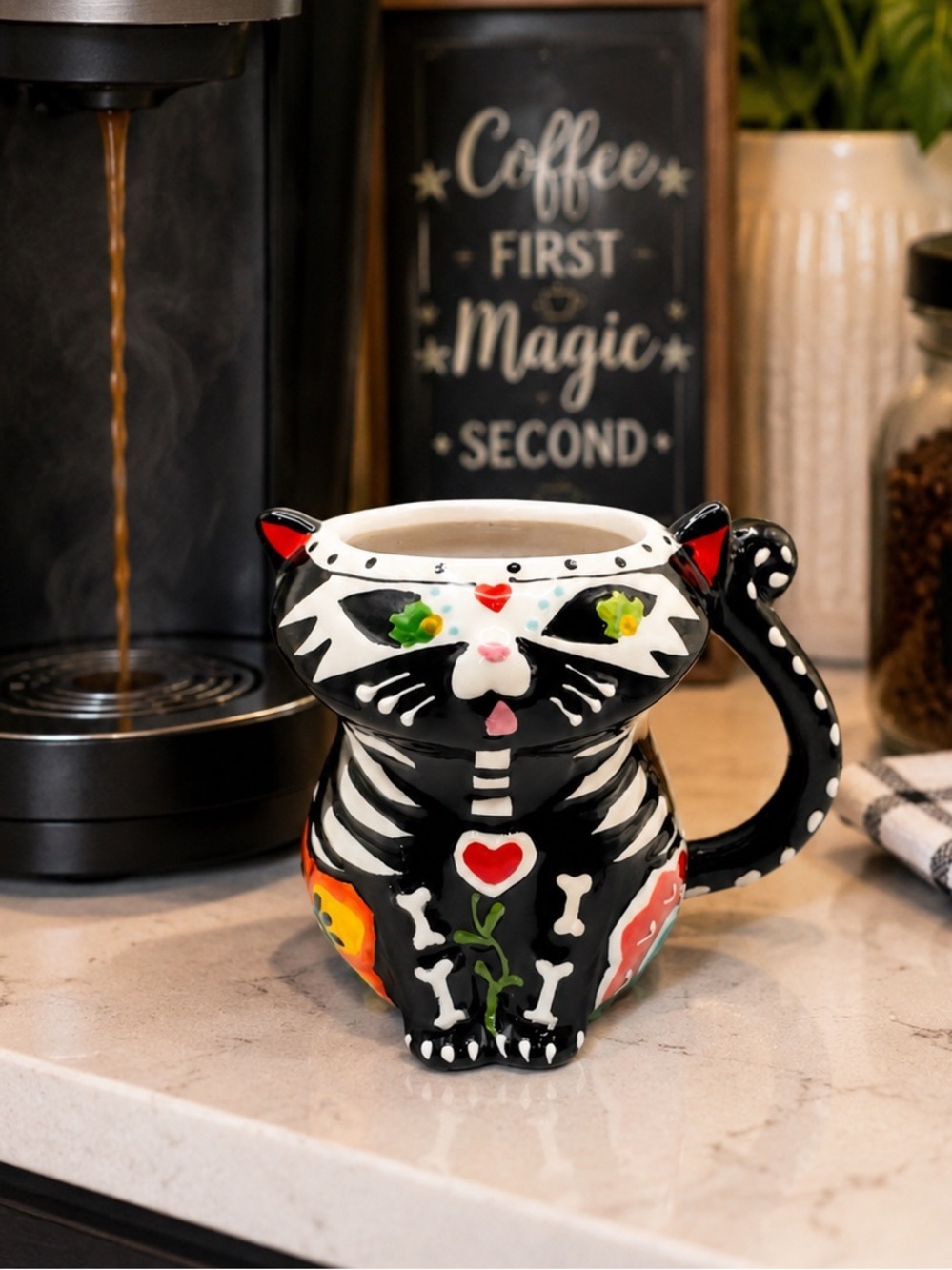 Spectrum Designz Day of the Dead Black Cat Skeleton Mug Halloween 4 In - Picture 2 of 10